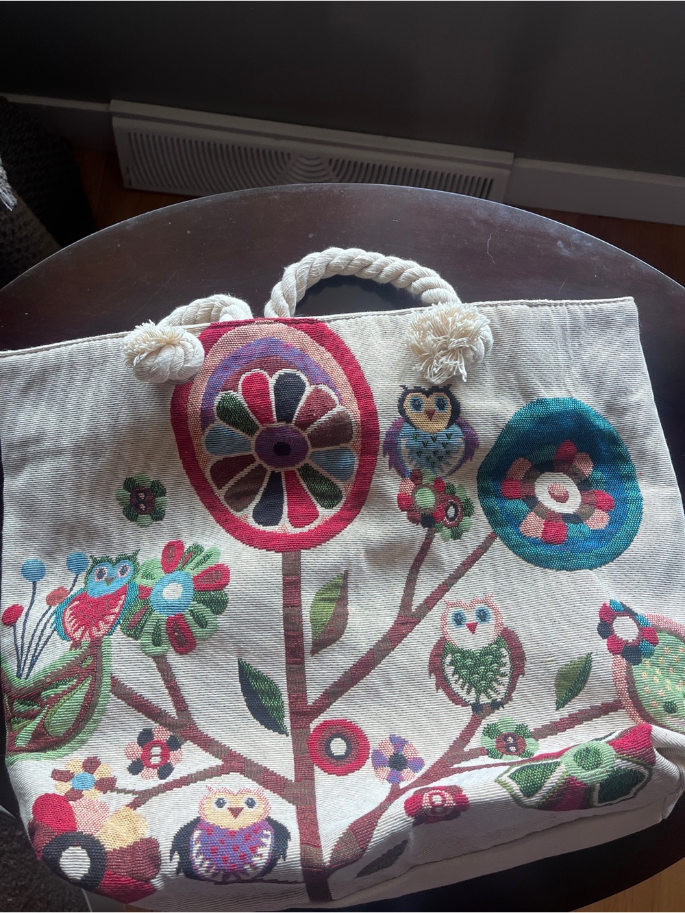 Unused Swim Bag - Cream with Multicolor Floral & Owl Embroidery